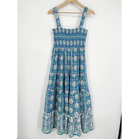 ZARA Long Printed Dress Floral Embroidered Square Neck Smocked Ruffle Maxi, Blue - Picture 12 of 16